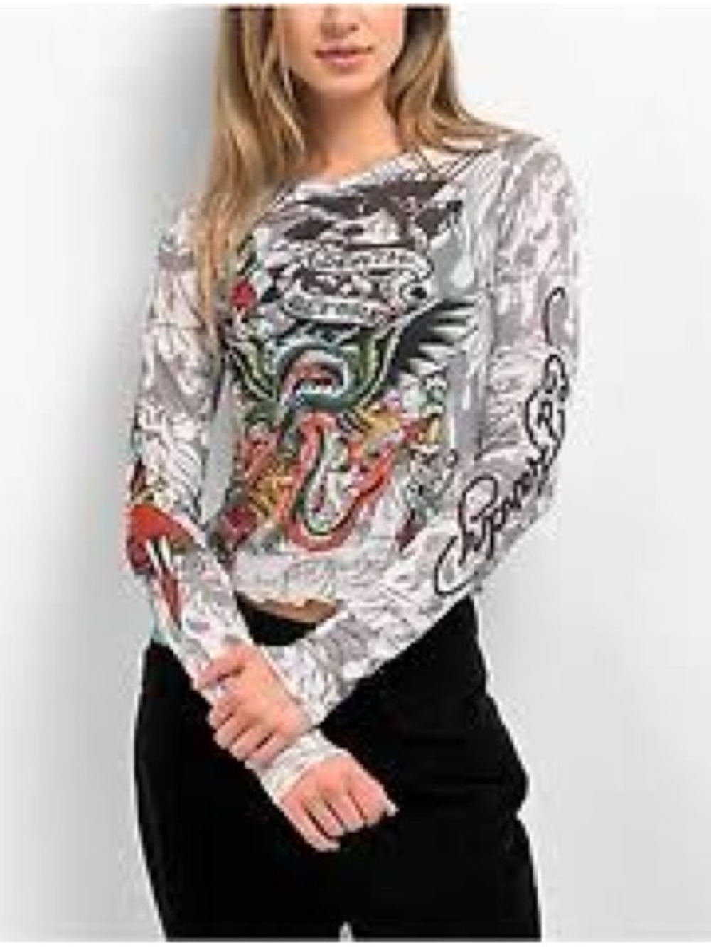 Ed Hardy Dragon Dagger White Mesh Long Sleeve Crop Top. Size L - Picture 8 of 11